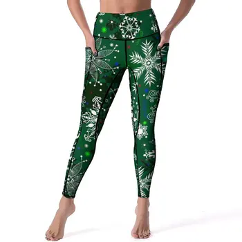 Рождественские леггинсы в виде снежинок, зеленые спортивные штаны для йоги с принтом, женские винтажные спортивные колготки с высокой талией и карманами, эластичные леггинсы для йоги