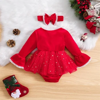 Рождественский наряд для маленьких девочек из 2 предметов, Марлевый Плюшевый комбинезон в стиле пэчворк с лентой для волос, Комплект детской одежды для девочки