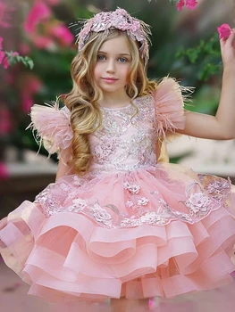 Розовые платья для девочек в цветочек, тюлевые пышные аппликации из блесток С рукавом из перьев-бантиков для свадьбы, дня рождения, платья для первого причастия