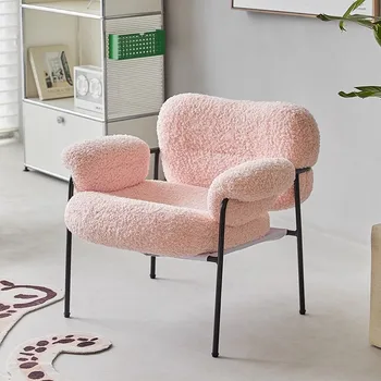 Розовые стулья из овечьего флиса в Скандинавском стиле, Повседневный односпальный диван, Дизайнерское кресло в кремовом стиле, Простая мебель для гостиной, поручни, Ленивый стул