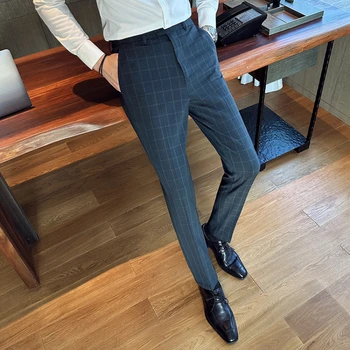 Роскошная мужская классическая полосатая деловая приталенная официальная одежда, костюмные брюки, мужские повседневные костюмные брюки, мужские модные клетчатые брюки