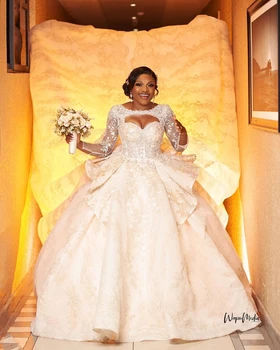 Роскошное бальное платье с аппликацией из бисера, свадебное платье со шлейфом, Длинные рукава, корсет на спине, свадебное платье с открытой спиной