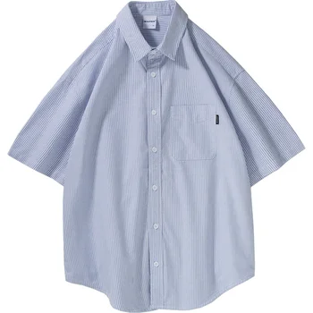 Рубашка с коротким рукавом в базовую полоску, мужская летняя новая повседневная свободная рубашка с коротким рукавом, рубашки ropa clothing для мужчин