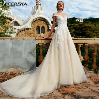 Свадебное платье RODDRSYA цвета светлого шампанского с рукавами-колпачками, иллюзия спины, Свадебное платье из тюля со шлейфом по индивидуальному заказу