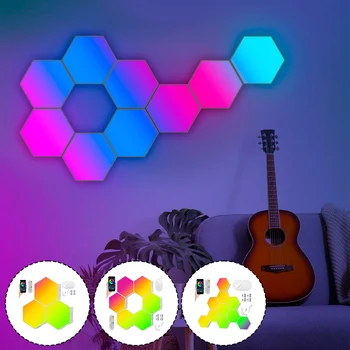 Светодиодный настенный светильник с шестигранной головкой, умный модульный светильник DIY RGB Honeycomb Light с дистанционным управлением приложением и синхронизацией музыки для освещения новинок в игровой комнате