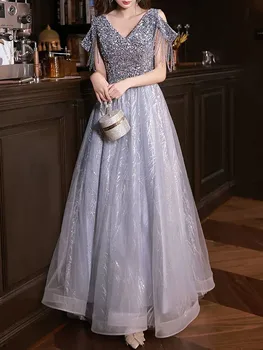 Серебряное платье для выпускного вечера Элегантные длинные вечерние платья с V-образным вырезом и короткими рукавами, застежка-молния сзади, длина до пола, одежда для вечеринок