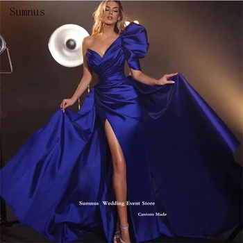 Синее вечернее платье Sumnus из атласа с высоким разрезом на одно плечо, сексуальные вечерние платья 