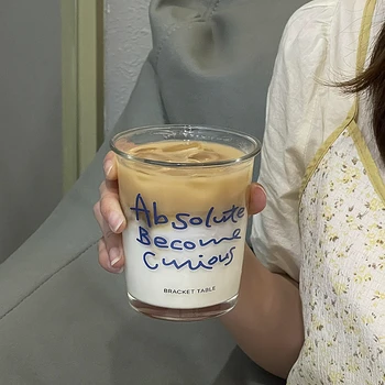 Синие буквы Стеклянная чашка Послеобеденный чай Кофе Прозрачные Чашки Корейский Простой Латте Молочная Кружка Пивные Бокалы Посуда для питья