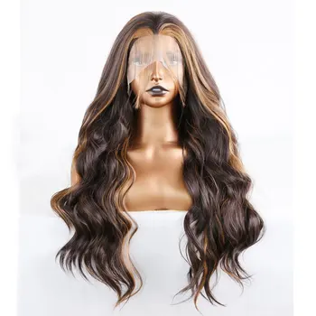 Синтетический парик на шнурке Спереди Gold Mix Темно-коричневый Объемная волна Термостойкие волокнистые волосы Натуральный пробор без линии роста волос для женщин