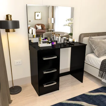 Современный туалетный столик Ember Interiors Nadia Mini с 3 ящиками, широким зеркалом, окрашенный в черный цвет, для спальни