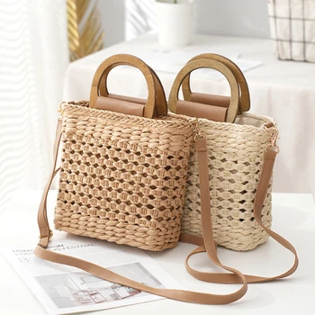 Соломенные сумки Лето 2023, женские сумки-тоут, дизайнерские сумки, кошельки, Плетеная пляжная сумка на шнурке с деревянной ручкой через плечо