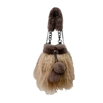 Сращивание шерсти кролика, женская переносная сумка-ведро, веревка, шарик для волос, кисточка, цепочка, сумка через плечо, плюшевая меховая сумка