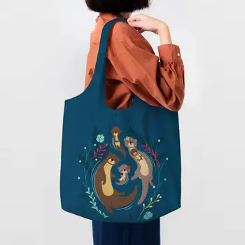 Сумка для покупок в семье выдр, женская холщовая сумка через плечо, прочные сумки для покупок в продуктовых магазинах с домашними выдрами Kawaii, сумки для фотографий