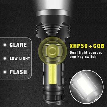 Супер мощный светодиодный фонарик XHP50, тактический фонарь, перезаряжаемый через USB, лампа со встроенным аккумулятором, ультра яркий фонарь для кемпинга
