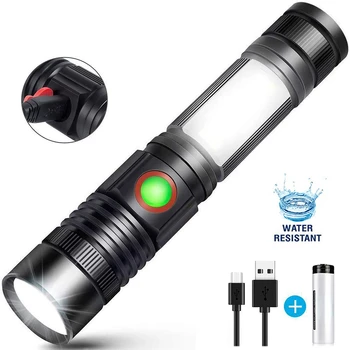 Супер яркий фонарик T6 LED USB Перезаряжаемый водонепроницаемый фонарь COB Zoom Походная лампа Портативный фонарь 18650 с хвостовым магнитом
