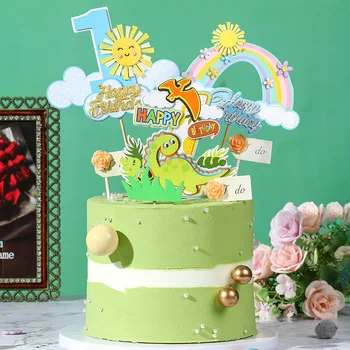 Топпер для торта с динозавром, украшение торта на день рождения для мальчика или девочки на 1 год, Радужное солнце, детский душ для детей, цветочные топперы для кексов