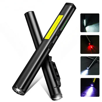 Ультрафиолетовый фонарик Usb перезаряжаемый 4 В 1 (UV / LED / COB) Многофункциональный мини-светодиодный фонарик с 4 источниками света, зажим для ручки, фонарик с индикатором