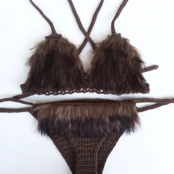Фестивальный комплект бикини из искусственного темно-коричневого меха, связанный крючком - festival - rave wear