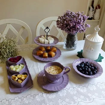 Фиолетовый чайный сервиз рельефная керамика изысканный экспорт послеполуденная любовь чашка из трех тарелок хлопьев двухслойная тарелка для дим-самов миска для риса