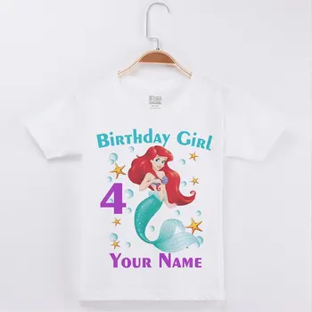 Футболка с Днем рождения, футболки для девочек с принтом русалки, Номер 3-12, пользовательское имя, подарок на день рождения, футболки для вечеринок, детская одежда