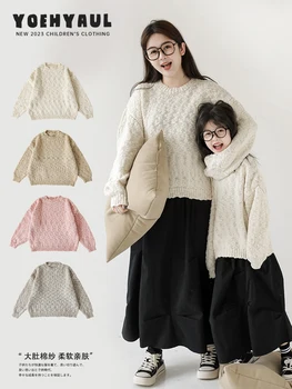 Хлопковый вязаный свитер для девочек, осенняя мода, детский однотонный свободный тренд