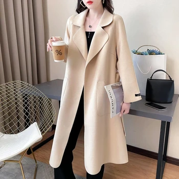 Элегантные Модные женские пальто с длинным рукавом 2023, свободное модное пальто, сплошной пояс с карманами, Тренчкот для женщин, Корейский V22