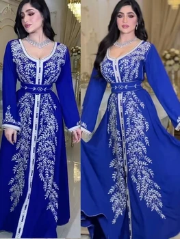 Элегантные синие мусульманские платья для выпускного вечера с длинными рукавами, Турецкое женское свадебное платье трапециевидной формы с вышивкой, Марокко, вечерние платья-кафтаны