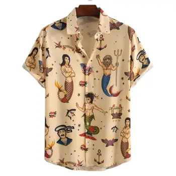 Японская мужская рубашка, летняя мужская мода с короткими рукавами, Уличная Harajuku, 3D печать, мужские рубашки большого размера, Винтажные топы