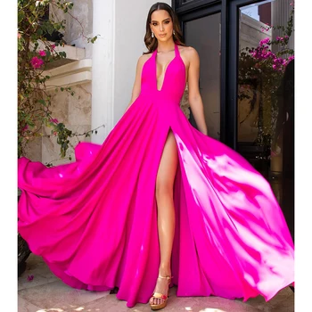 Ярко-розовое платье для выпускного вечера, атласное платье на бретелях трапециевидной формы с глубоким V-образным вырезом, сексуальные платья для выпускного вечера для женщин 2023, простые платья для вечеринок с высоким разрезом, длинные