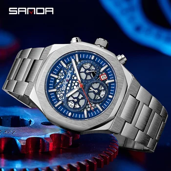 Мужские часы SANDA Top Luxury Brand, ремешок из нержавеющей стали, кварцевый механизм, наручные часы с хронографом, Водонепроницаемая Дата, Светящиеся стрелки