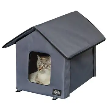 Отапливаемый кошачий домик - Двухдверная Кошачья кровать с крышей на молнии, грелкой для домашних животных и чехлом из шерпы - Для гаража, веранды, сарая или подвала.