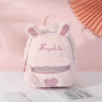 Рюкзак с плюшевым кроликом с индивидуальной вышивкой, мини-рюкзак с кроликом с индивидуальным названием для девочек, мягкие легкие дорожные сумки для девочек